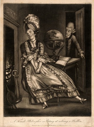 A young woman engrossed in raptures at her desk, with her hands in her lap: a man [a servant?] appears in the background. Mezzotint, 1772.