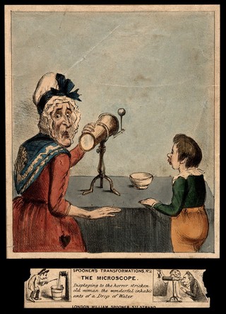 A horrified old woman observing the monstrous contents of a drop of water through a microscope. Coloured transparency lithograph.
