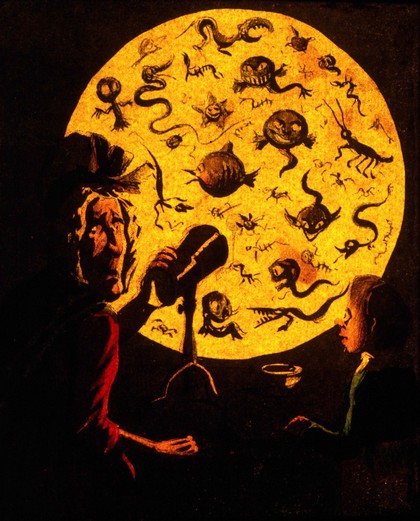 A horrified old woman observing the monstrous contents of a drop of water through a microscope. Coloured transparency lithograph.