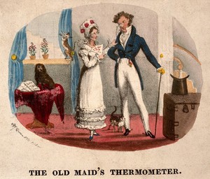 view A fashionable middle-aged woman reprimanding a young male relative. Coloured lithograph.