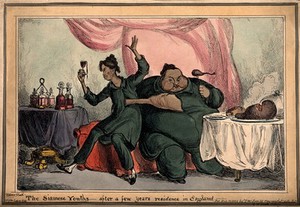 view Chang and Eng the Siamese twins, eating and drinking to excess. Coloured etching by W. Heath, 1829.