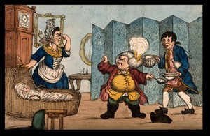 view An episode in Tristram Shandy: Dr. Slop with his wig on fire angrily gesticulating to Susannah who holds her nose near the wounded baby Tristram Shandy. Coloured etching after H.W. Bunbury after L. Sterne.