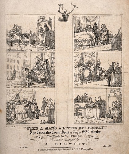 Six scenes narrating the fuss caused by a man's progression from minor cold to supposed major illness and then sudden recovery. Etching by J. Lisle after himself.