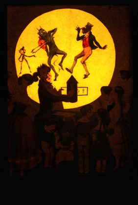 Children watching a magic lantern show. Coloured lithograph.