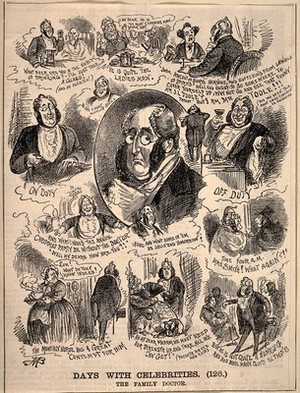 view A dozen scenes presenting the manifold aspects of a family doctor's personality. Wood engraving by M.B.