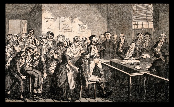 A crowd of injured men being helped into a public office by family and friends, who appear to be campaigning on their behalf. Etching attributed to G. Cruikshank.
