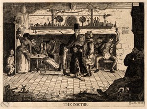 view A doctor examining a man's tongue in a country tavern. Etching by H. Smith, 1858.