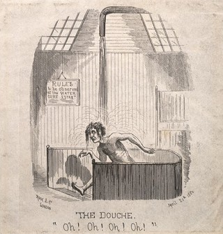 A man taking a shower as part of a hydrotherapeutic cure. Wood engraving by O.T., 1860.