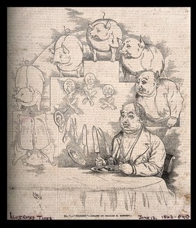 The evolution of pieces of pork into a pig into a man seated at his dinner table, his plate and cutlery evolved from a skull and crossbones; representing Darwin's theories. Wood engraving after C. Bennett, 1863.