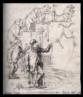 The evolution of a muzzled bear chained to a post into a thug with a watch and garrotte stick; representing Darwin's theories. Wood engraving after C. Bennett, 1863.