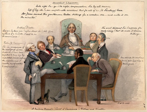 The victim of a railway accident approaching the railway board's directors for compensation for his extensive injuries. Watercolour by C.W.D., 1866.