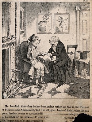 view Mr. Lambkin at home ill from overindulgence being visited by a doctor friend. Lithograph by G. Cruikshank.