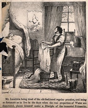 Mr. Lambkin in bed undergoing hydrotherapy with a follower of V. Priessnitz. Lithograph by G. Cruikshank.