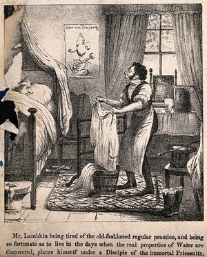 view Mr. Lambkin in bed undergoing hydrotherapy with a follower of V. Priessnitz. Lithograph by G. Cruikshank.