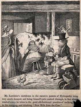 Mr. Lambkin ill trying the recuperative powers of walking and drinking fresh milk. Lithograph by G. Cruikshank.