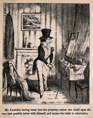 view Mr. Lambkin dressing up in front of a mirror. Lithograph by G. Cruikshank.