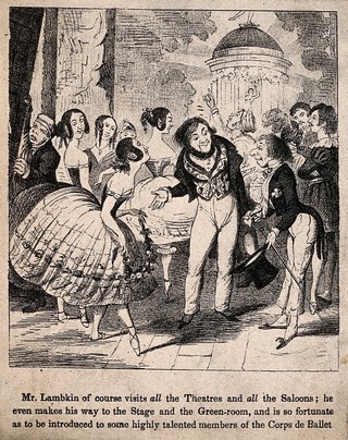 Mr. Lambkin (right) being introduced to a ballet dancer. Lithograph after G. Cruikshank.