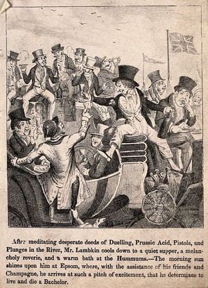 view Mr. Lambkin drunk on champagne sitting in a carriage at Epsom with lots of other drunken bachelors. Lithograph by G. Cruikshank.