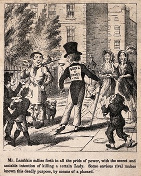 Mr. Lambkin walking down a street on his way to court a lady, unknown to him a placard has been stuck on to his back declaring his intentions to all. Lithograph by G. Cruikshank.