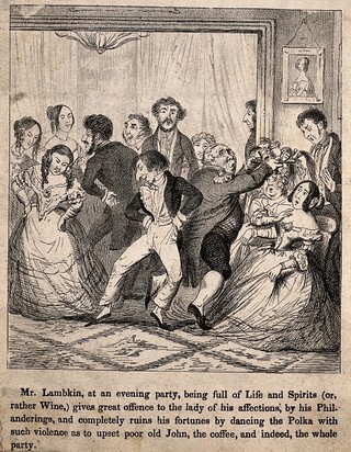 Mr. Lambkin at a party with some unsavoury looking company. Lithograph by G. Cruikshank.