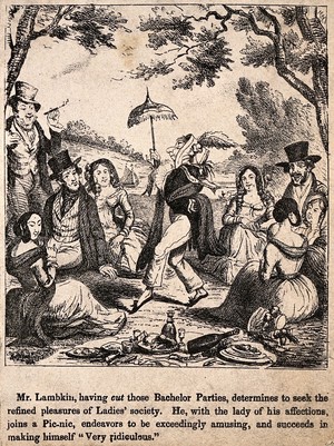 view Mr. Lambkin playing the fool at a picnic with his loved one and friends. Lithograph by G. Cruikshank.