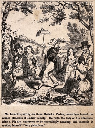 Mr. Lambkin playing the fool at a picnic with his loved one and friends. Lithograph by G. Cruikshank.