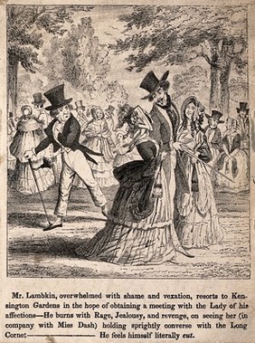 Mr. Lambkin out walking in Kensington Gardens hoping to bump into his loved one, he discovers her on the arm of another man which causes him much jealousy. Lithograph by G. Cruikshank.