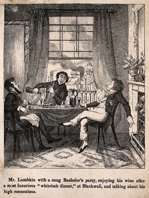 view Mr. Lambkin enjoying some wine in the company of friends. Lithograph by G. Cruikshank.