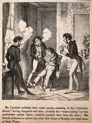 view Mr. Lambkin suffering from excess food and wine, his friends try to make him feel better. Lithograph by G. Cruikshank.