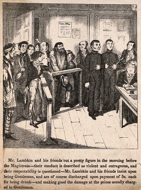 Mr. Lambkin behaving in a drunken and disorderly manner resulting in being restrained and arrested by a policeman. Lithograph by G. Cruikshank.