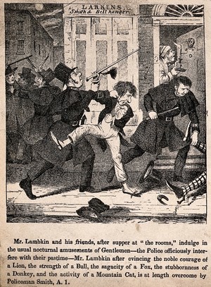 view Mr. Lambkin and friends in court before a magistrate for being drunken and disorderly. Lithograph by G. Cruikshank.