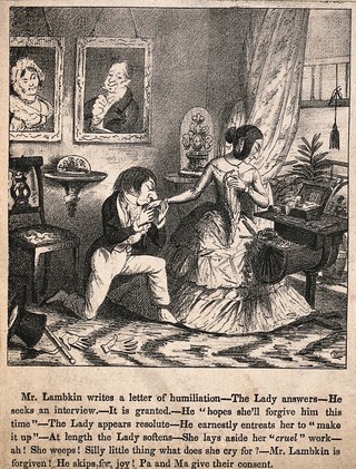 Mr. Lambkin in an old bachelors' club, completely recovered from his illness and contemplating the errors of his ways. Lithograph by G. Cruikshank.
