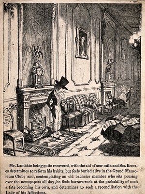 view Mr. Lambkin on his knees begging forgiveness from his loved one. Lithograph by G. Cruikshank.