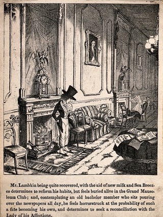 Mr. Lambkin on his knees begging forgiveness from his loved one. Lithograph by G. Cruikshank.
