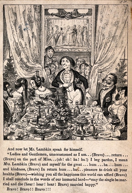 Mr. Lambkin giving a speech at his wedding reception. Lithograph by G. Cruikshank.