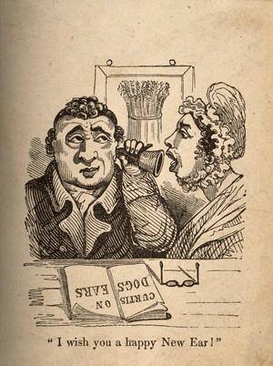 view A woman shouting into a man's ear-trumpet. Wood engraving.