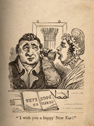 A woman shouting into a man's ear-trumpet. Wood engraving.