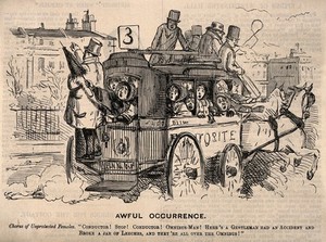 view An omnibus full of distraught women due to leeches having escaped from their broken jar. Wood engraving by J. Leech.