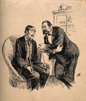 view A patient consulting his friendly doctor. Pen drawing by J. Ulrich.