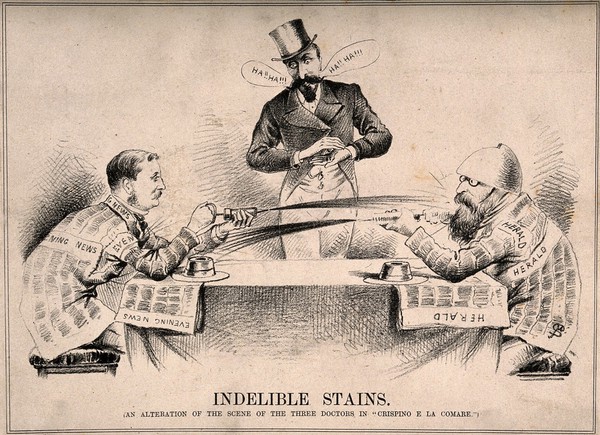 Rivalry between newspapers; caricatured by two men squirting printing ink at one another from either end of a table. Lithograph.