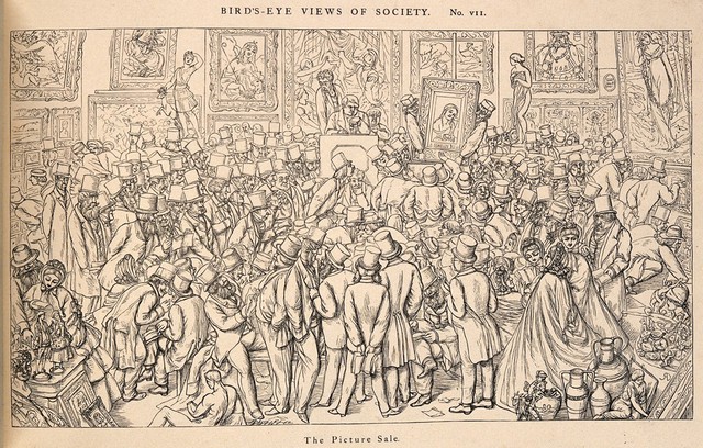 A popular art and antique auction. Reproduction of a wood engraving after Dalziel after R. Doyle.