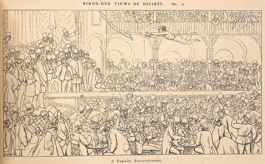 A popular acrobatics performance. Reproduction of a wood engraving after Dalziel after R. Doyle.