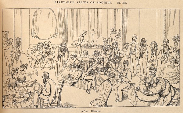 People relaxing in a drawing-room after dinner. Reproduction of a wood engraving after Dalziel after R. Doyle.
