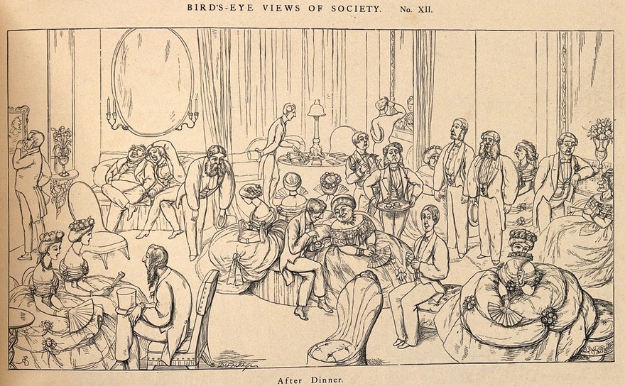 People relaxing in a drawing-room after dinner. Reproduction of a wood engraving after Dalziel after R. Doyle.