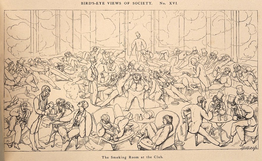 The smoking room in a gentlemen's club. Reproduction of a wood engraving after Dalziel after R. Doyle.