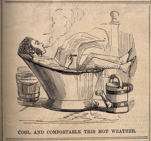 A man smoking and reading the paper fully clothed in a hip-bath; self-help hydrotherapy in hot weather. Wood engraving.