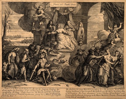 A woman being bled by one man while another holds her arm, two dogs lap up her blood; representing France in the grip of Louis XIV and Cardinal Richelieu, while the financiers drain her resources. Engraving.