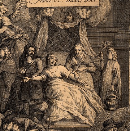A woman being bled by one man while another holds her arm, two dogs lap up her blood; representing France in the grip of Louis XIV and Cardinal Richelieu, while the financiers drain her resources. Engraving.