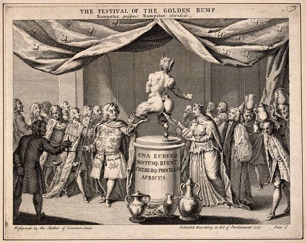 A satyr on a pedestal kicks out at a magician while a priestess attempts to insert a clyster-pipe; depicting a play called 'The Golden Rump' representing King George II with his wife and Sir Robert Walpole. Engraving, 1737.