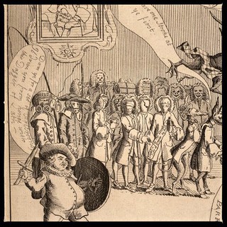 Ralph Allen making a speech to the Corporation of Bath. Etching by W. Hibbart, 1763.